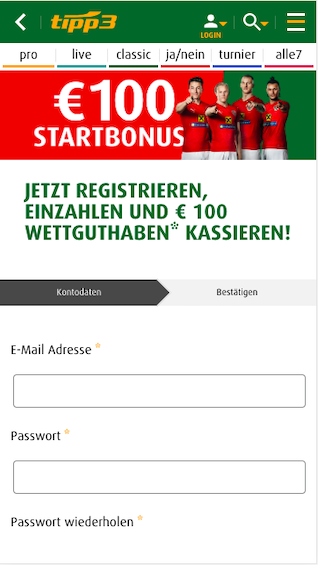 Registrierung in der Tipp3 Sportwetten App für Android und Apple