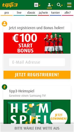 Startseite der Tipp3 mobile App für Android APK und iPhone