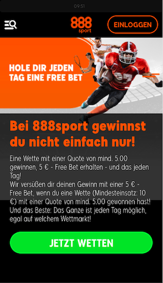 Sichere dir jeden Tag deine 5 Euro Freiwette in der 888sport App für Android & iPhone