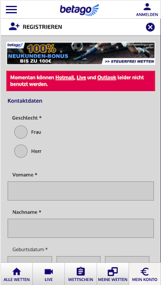 Registrierung in der Betago App für Android & iPhone
