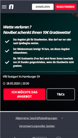 Risikofreie Wette für VfB Stuttgart gegen den Hamburger SV in der Novibet App für Android & iPhone