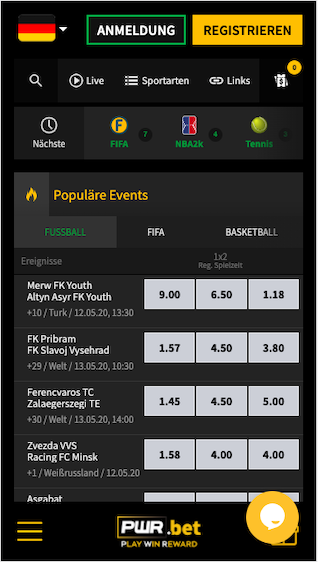 Startseite der PWR.bet App für Android & iPhone