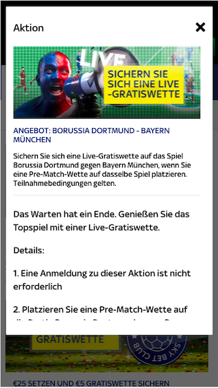 20 Euro Live-Gratiswette für Dortmund gegen Bayern in der Sky Bet App für Android & iPhone