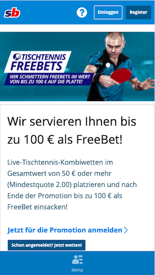 Bis zu 100 Euro Tischtennis Free Bets bei der Sportingbet App für Android & iPhone