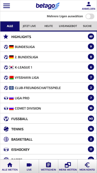 Startseite der Betago Sportwetten App