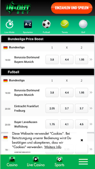 Startseite der InAndOutBet Wett App für Android & iPhone