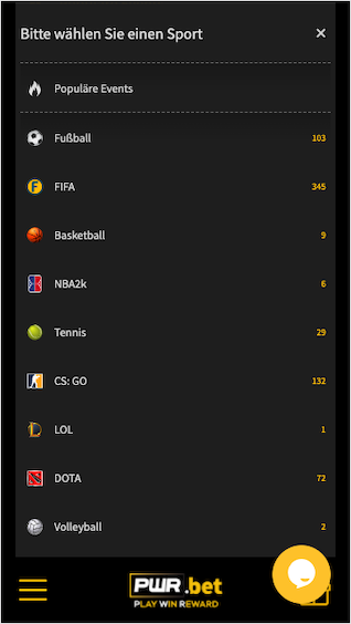 Wettprogramm in der PWR.bet Web-App für Android & iPhone
