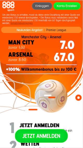 Mega-Quote zum Premier League Comeback für Manchester City vs. Arsenal London in der 888sport App für Android & iPhone