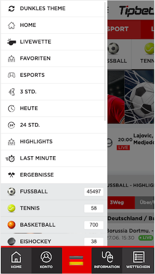 Menü von Tipbet mobile für Android & iOS