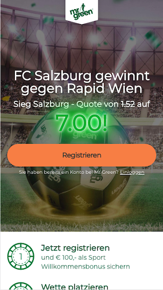 Quotenboost in der Mr Green App für Android & iPhone für Red Bull Salzburg gegen SK Rapid Wien