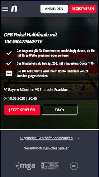 10 Euro Gratiswette für das DFB Pokal Halbfinale zwischen dem FC Bayern München und der Eintracht Frankfurt in der Novibet App für Android & iPhone