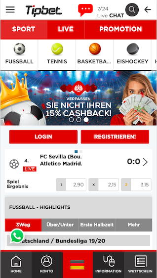 Startseite der Tipbet Wett App für Android & iPhone