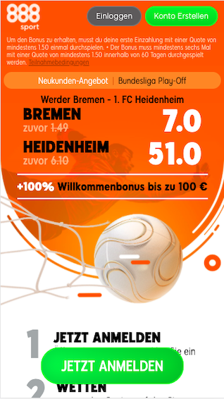 Quotenboost für die Relegation in der Bundesliga zwischen Werder Bremen und dem 1. FC Heidenheim in der 888sport App