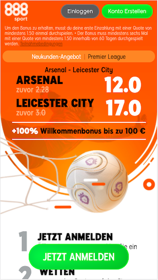 Quotenboost für Arsenal vs. Leicester City in der 888sport App für Android & iPhone