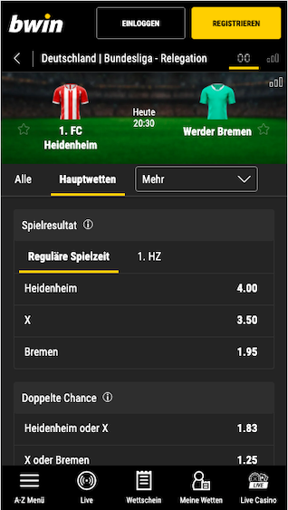 Alle Wetten & Quoten für das Bundesliga Relegation Rückspiel in der Bwin App für Android & iPhone