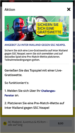 Gratiswette bei Inter Mailand vs. SSC Neapel in der Sky Bet App für Android & iPhone