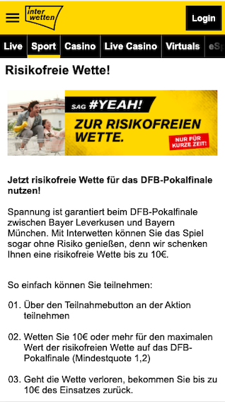 Risikofreie Wette für das DFB Pokalfinale 2020 in der Interwetten App für Android & iPhone
