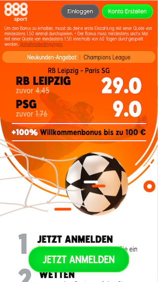 Quotenboost für das Champions League Halbfinale zwischen RB Leipzig und Paris Saint-Germain in der 888sport App für Android & iPhone