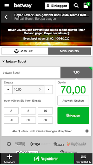 Quotenboost für das Europa League Viertelfinale zwischen Bayer Leverkusen & Inter Mailand in der Betway App für Android & iPhone