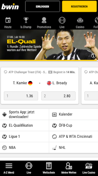 Startseite der Bwin Android APK App