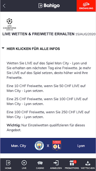Freiwetten im Champions League Viertelfinale zwischen Manchester City & Olympique Lyon in der Bahigo App für Android & iPhone