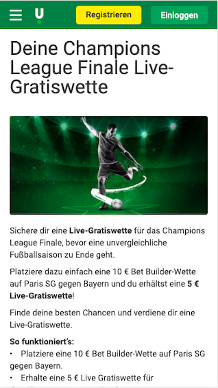 Gratiswette für das Champions League Finale zwischen PSG & den Bayern in der Unibet App für Android & iPhone
