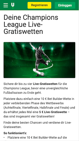 Gratiswette für jede Champions League Phase in der Unibet App für Android & iPhone