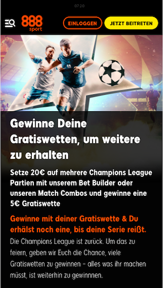 Serie von Gratiswetten für die Champions League in der 888sport App für Android & iPhone sichern