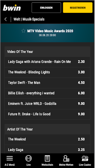 Wetten & Quoten der MTV Video Music Awards 2020 in der Bwin App für Android & iPhone