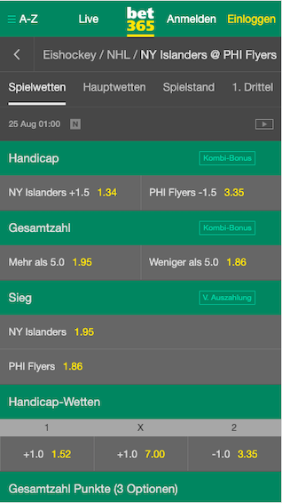 Wetten & Quoten zu den NHL Playoffs zwischen den New York Islanders und den Philadelphia Flyers in der Bet365 App für Android & iPhone
