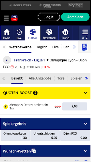 Quoten-Boost für das Ligue 1 Spiel von Olympique Lyon in der Sky Bet App für Android & iPhone
