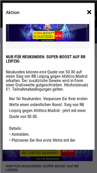 Quotenboost für RB Leipzig gegen Atletico Madrid in der Sky Bet App für Android & iPhone