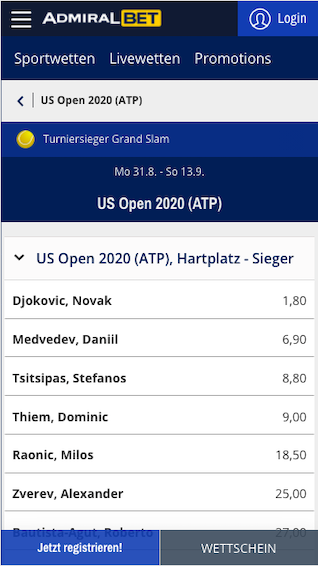 Alle Wetten & Quoten zu den US Open 2020 in der Admiralbet App für Android & iPhone
