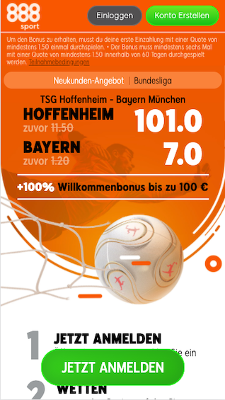 Quotenboost in der Bundesliga für Hoffenheim - Bayern München in der 888sport App für Android & iPhone