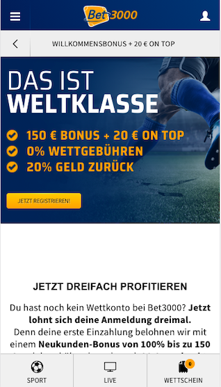 Zusätzlicher Willkommensbonus bei der Registrierung in der Bet3000 App für Android & iPhone