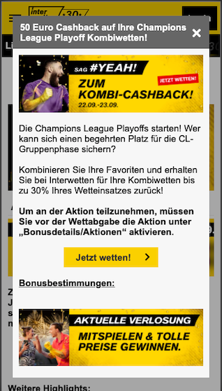 Kombi-Wetten-Cashback für die Champions League Qualifikation in der Interwetten App für Android & iPhone