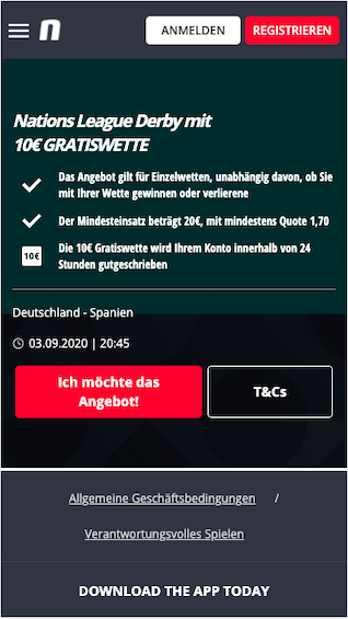 Gratiswette in der Nations League für Deutschland - Spanien in der Novibet App für Android & iPhone