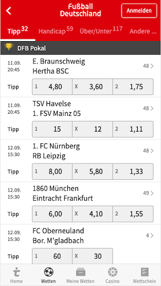 Gratiswette für die erste Runde des DFB Pokals in der Tipico App für Android & iPhone