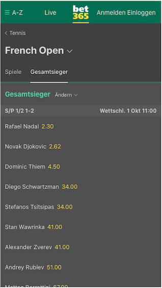 French Open Wetten & Quoten 2020 für Herren und Damen in der Bet365 App für Android & iPhone