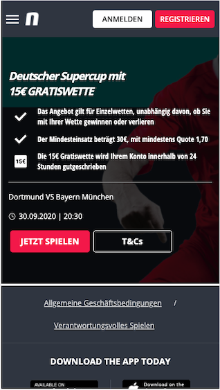 15 Euro Gratiswette beim deutsche Supercup Dortmund - Bayern München in der Novibet App für Android & iPhone