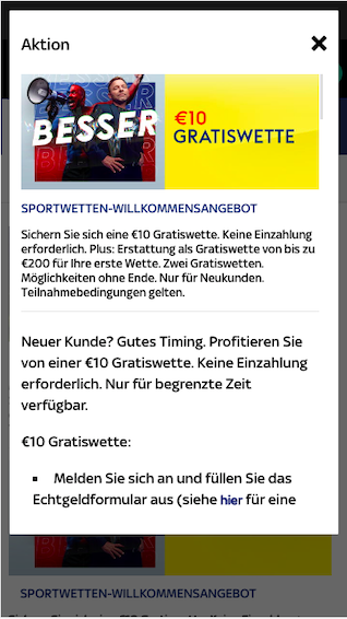 10 Euro Gratiswette ohne Einzahlung in der Sky Bet App für Android & iPhone