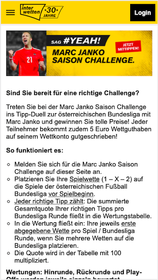 Gratiswette bei der Marc Janko Saison Challenge in der Interwetten App für Android & iPhone