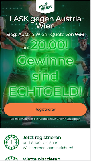 Quoten-Boost für LASK - Austria Wien in der Mr Green App für Android & iPhone