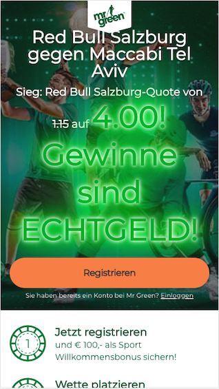 Quotenboost in den Champions League Playoffs Red Bull Salzburg - Maccabi Tel Aviv in der Mr Green App für Android & iPhone