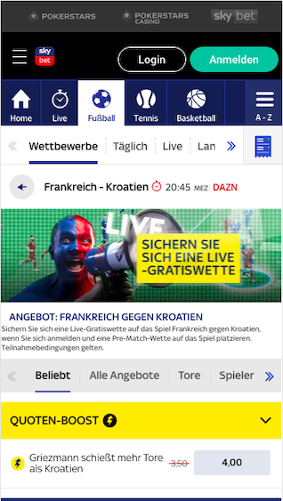 Gratiswette im Nations League Spiel Frankreich - Kroatien in der Sky Bet App für Android & iPhone