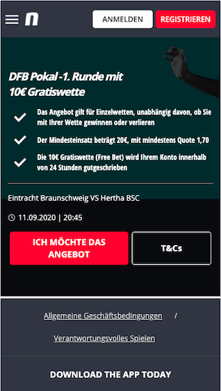 Gratiswette bei Eintracht Braunschweig - Hertha BSC im DFB Pokal in der Novibet App für Android & iPhone abholen