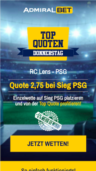 Quoten-Boost für PSG am Top-Quoten-Donnerstag in der Admiralbet App für Android & iPhone