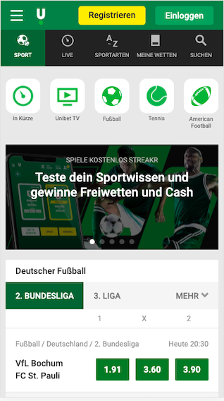 Startseite von Unibet mobile