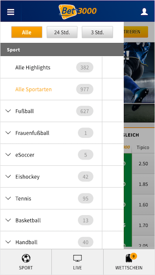 Umfangreiches Wettprogramm auf Bet3000 mobile für alle Smartphones & mobilen Endgeräte