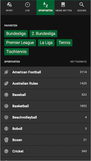 Vollständiges Wettprogramm in der Unibet App Android APK